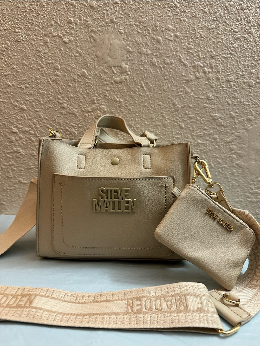 Steve Madden Beige Pebbled Satchel with Coin Pouch